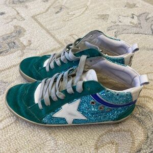 GOLDEN GOOSE Mid Star Womens Sneakers Size 38 Teal Suede Blue Glitter Authentic